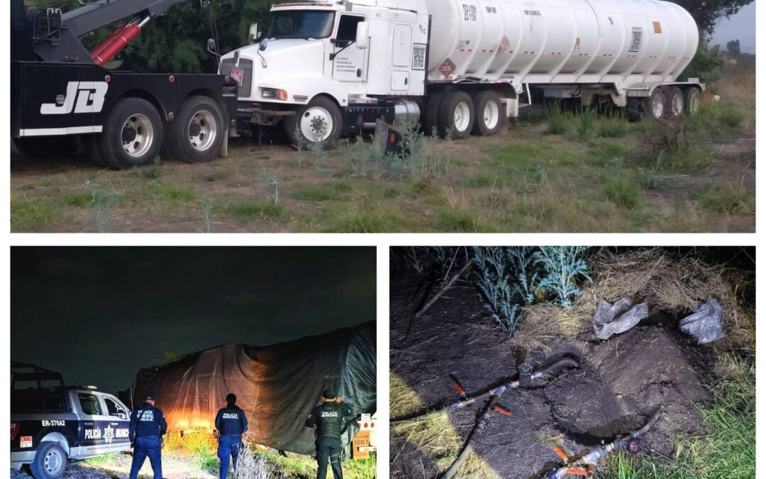 POLICÍAS DE SAN JUAN DEL RÍO ASEGURAN UNA PIPA Y LOCALIZAN UNA TOMA CLANDESTINA DE HIDROCARBURO.