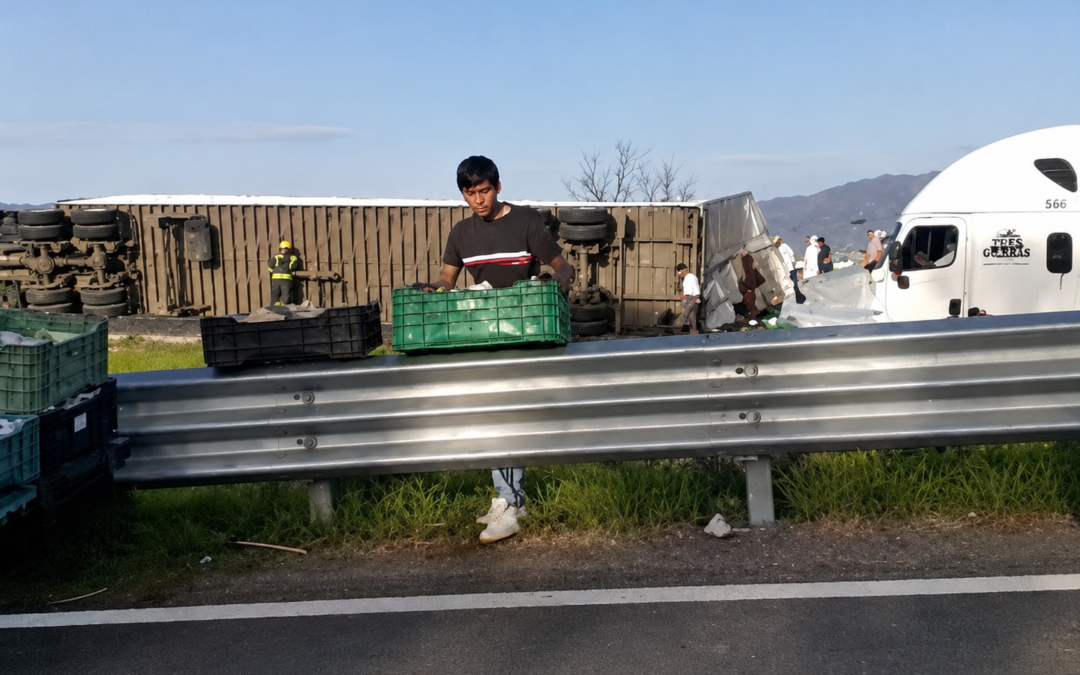 TRÁILER CARGADO CON QUESOS VUELCA SOBRE EL LIBRAMIENTO NORESTE, SE REGISTRÓ “RAPIÑA”.