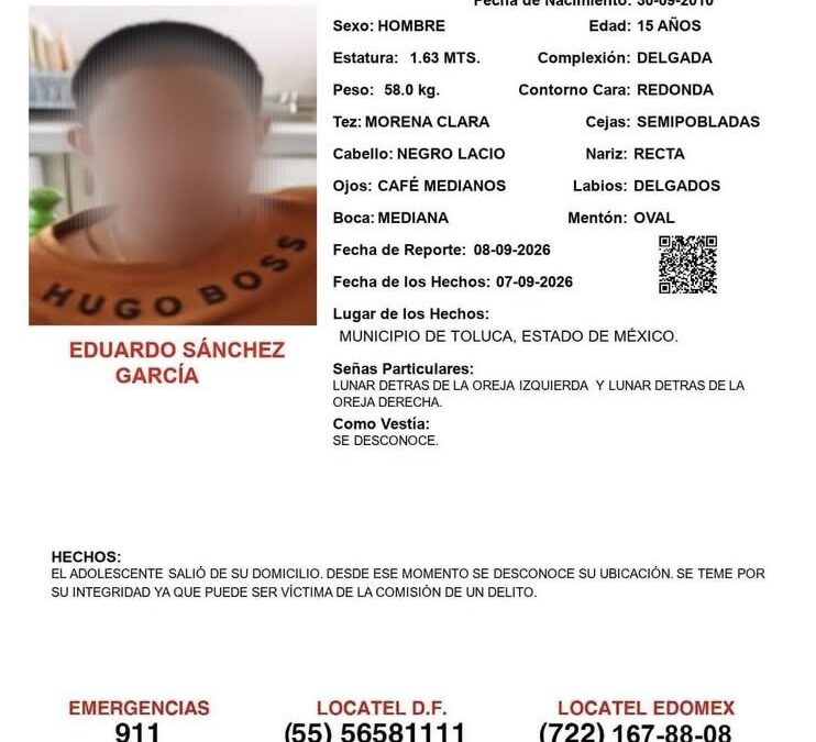 LOCALIZAN EN JALPAN A UN MENOR REPORTADO DESAPARECIDO EN TOLUCA, EDOMÉX.